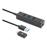 Adaptador de Red GB USB A/C con Hub V3.2 USB-A macho con acoplador USB-C macho a conector RJ-45 hembra y tres conectores USB-A de 5 Gbps de Súper Velocidad USB 3.2 Gen1 alimentado por bus negro 180894 - SILYMX