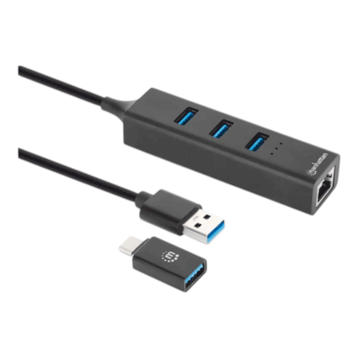Adaptador de Red GB USB A/C con Hub V3.2 USB-A macho con acoplador USB-C macho a conector RJ-45 hembra y tres conectores USB-A de 5 Gbps de Súper Velocidad USB 3.2 Gen1 alimentado por bus negro 180894 - SILYMX