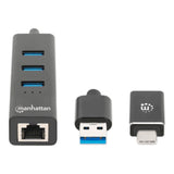 Adaptador de Red GB USB A/C con Hub V3.2 USB-A macho con acoplador USB-C macho a conector RJ-45 hembra y tres conectores USB-A de 5 Gbps de Súper Velocidad USB 3.2 Gen1 alimentado por bus negro 180894 - SILYMX