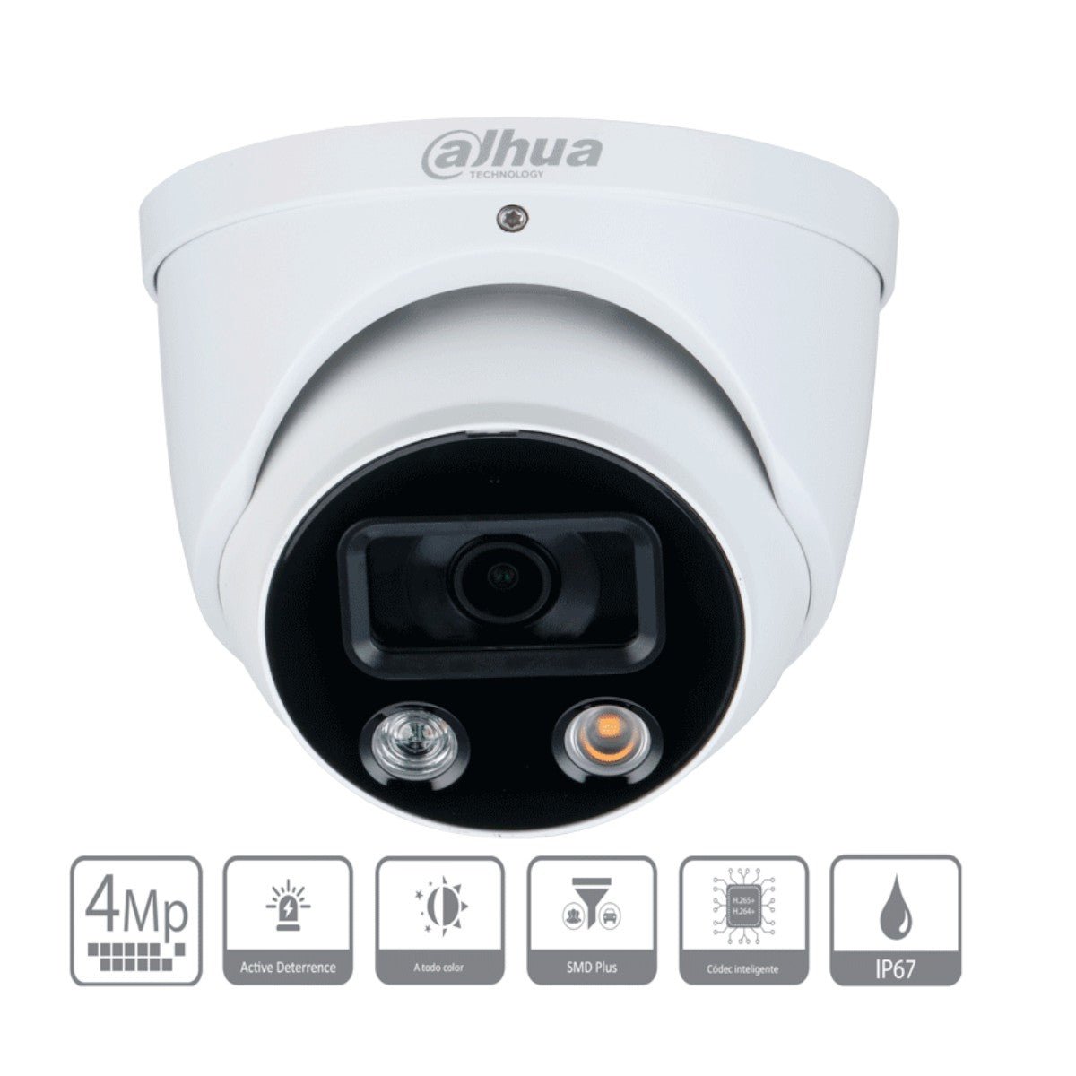 Camara IP Domo TiOC de 4 Megapixeles WizSense Lente de 2.8 mm Angulo de 101 Grados Iluminador Dual Sirena Estrobo Azul y Rojo IR 30m SMD 4.0 Micrófono Integrado Ranura MicroSD IP67 PoE DH-IPC-HDW3449H-AS-PV - SILYMX