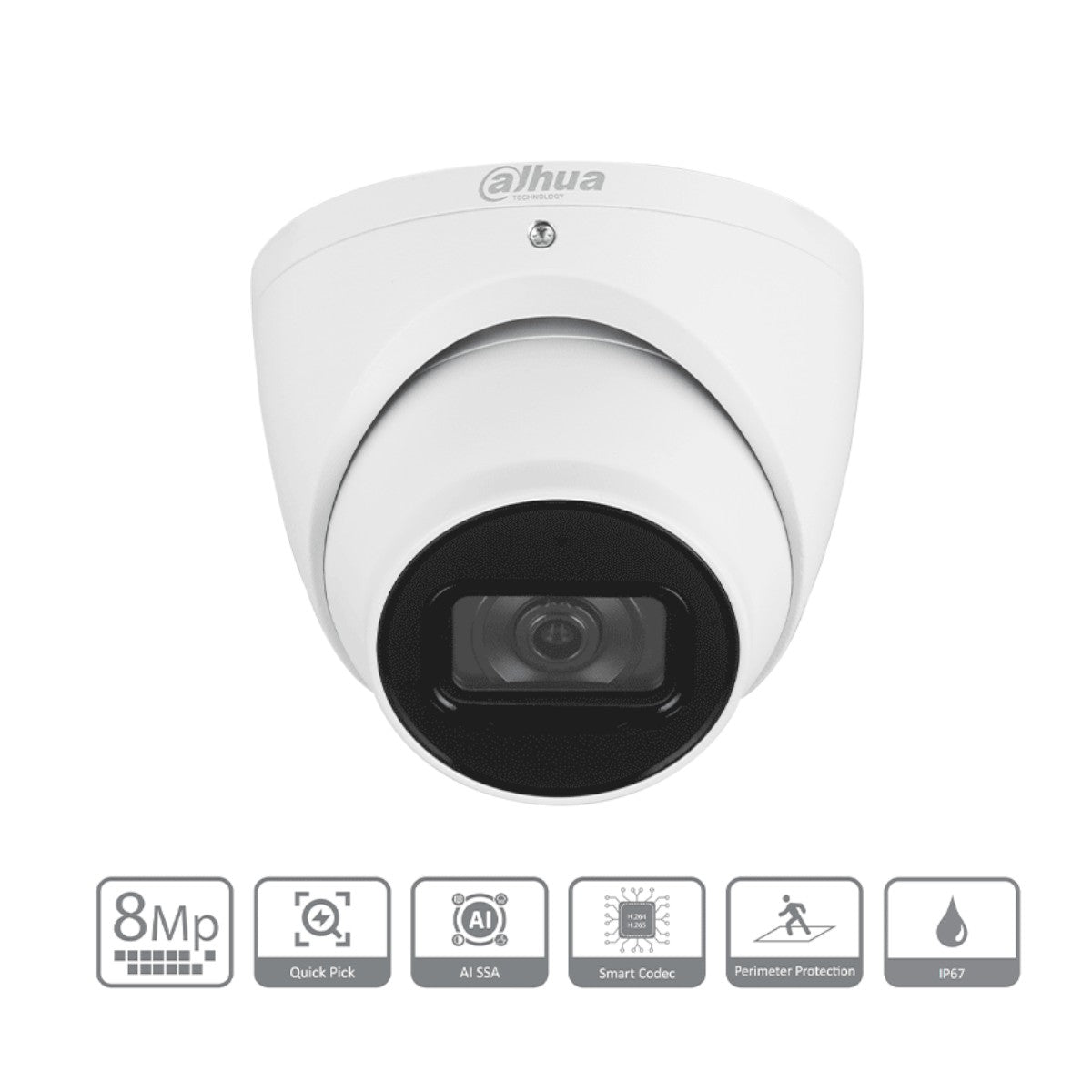 Cámara IP Domo de 8 MP con diseño Eyeball, lente 2.8 mm, y tecnología WizSense. Ofrece visión nocturna con IR de 30m, SMD 4.0 y AI SSA para análisis inteligente. Incluye ranura para MicroSD, y protección IP67 soportando PoE DH-IPC-HDW3841EM-S-S2 - SILYMX
