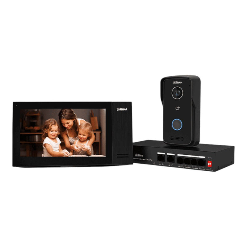 Kit de videoportero IP con monitor táctil de 7 de 8GB de memoria embebida soporte para alarmas 6 1 frente de calle con apertura remota y tarjetas Mifare IC Card Incluye un switch PoE de 4 puertos 10 100 DHI-KTP02 - SILYMX