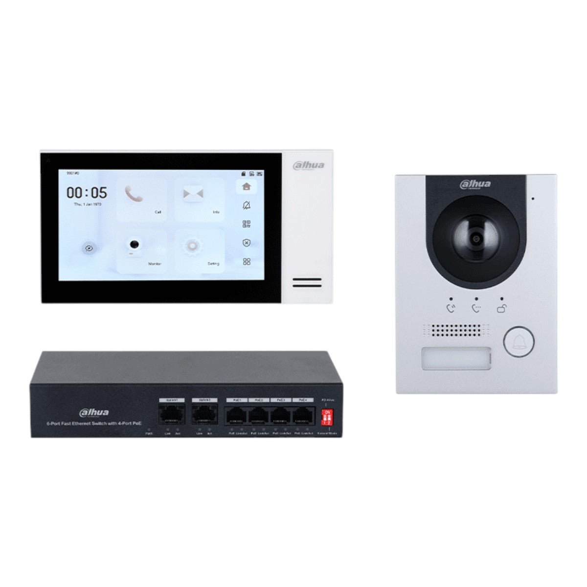 Kit de Videoportero IP con Frente de Calle Metálico Antivandálico y cámara de 2MP Incluye monitor táctil de 7 Ranura SD control de puerta, E S de alarmas, y switch PoE de 6 puertos 36W Ideal para seguridad avanzadaDHI-KTP01L(S) - SILYMX