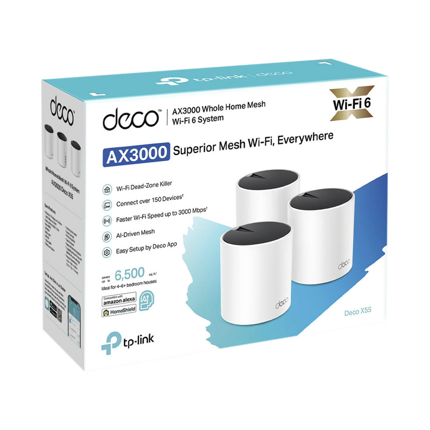 Kit TP-LINK Deco X55 (3 Pack) · Wi-Fi 6 Mesh AX3000 · Doble Banda · 3 Puertos Gigabit · HomeShield · App Deco - SILYMX