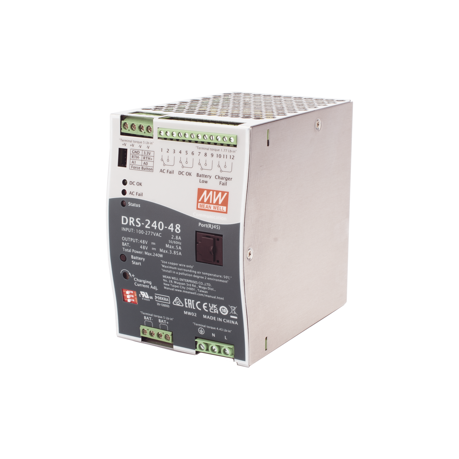 Fuente de Poder Industrial de 240W con Cargador de Baterías, salida 48Vcc, 5A, para montaje Riel Din MEANWELL DRS24048 - SILYMX