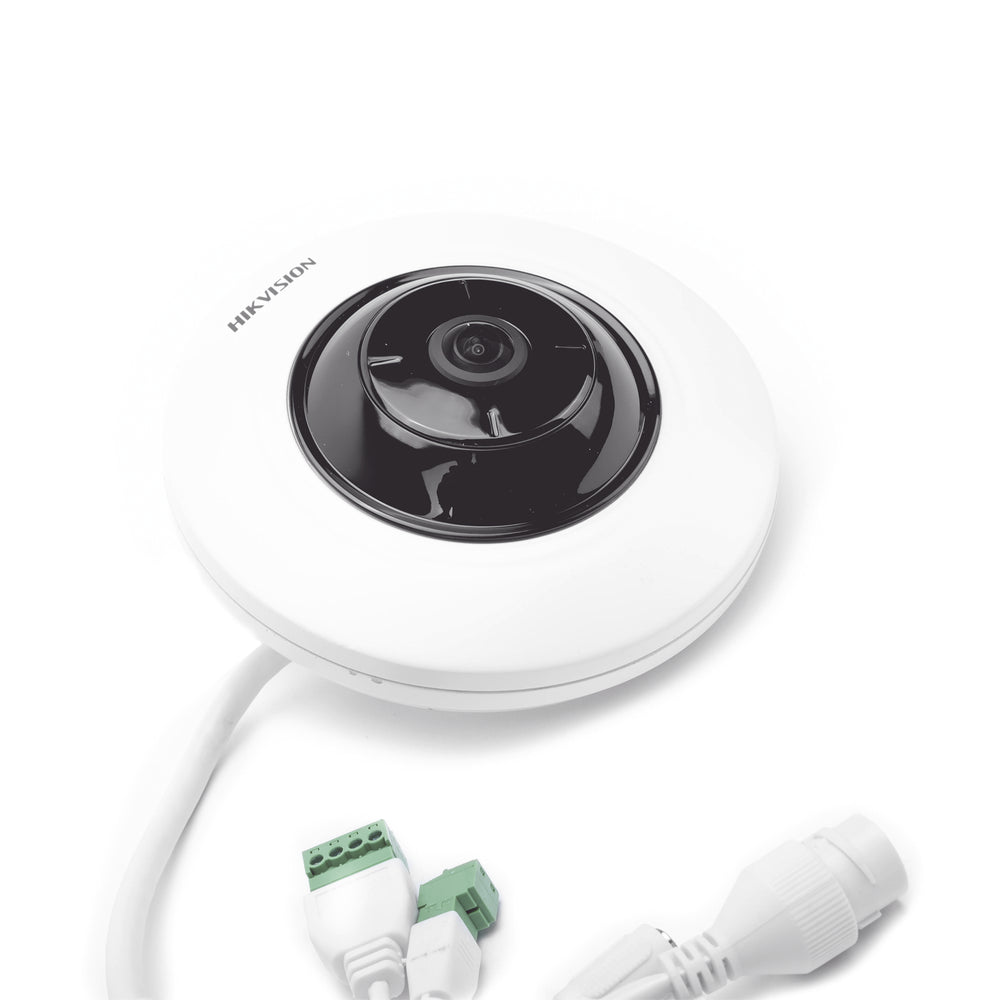 Cámara Mini Fisheye IP 5 Megapixel HIKVISION Panorámica 180° - 360° Microfono Integrado 8 mts IR Uso en Interior PoE Múltiples Vistas por iVMS-4200 Alarmas I/O Micro SD  DS-2CD2955G0-ISU - SILYMX