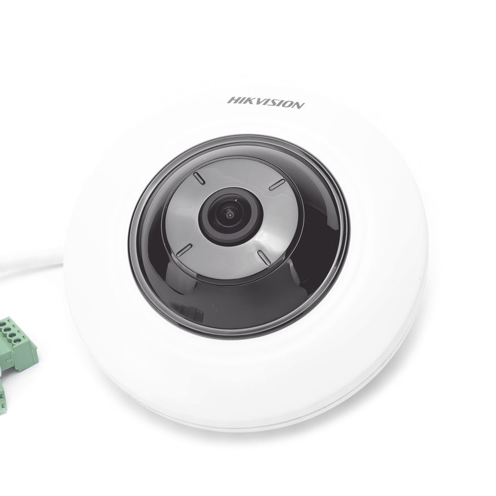 Cámara Mini Fisheye IP 5 Megapixel HIKVISION Panorámica 180° - 360° Microfono Integrado 8 mts IR Uso en Interior PoE Múltiples Vistas por iVMS-4200 Alarmas I/O Micro SD  DS-2CD2955G0-ISU - SILYMX