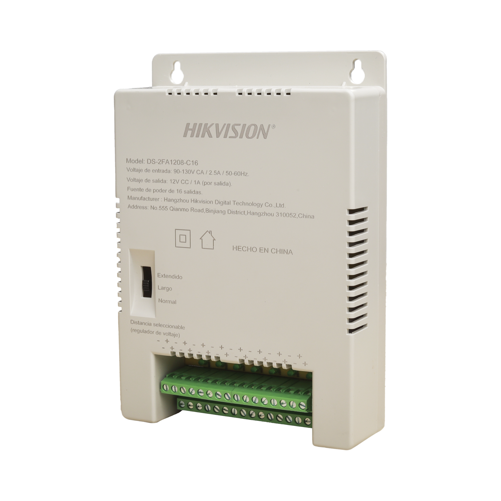 Fuente de Poder Regulada 12 Vcc 13.5 Vcc 15 Vcc para 16 Cámaras 1 Amp por Salida Voltaje de Entrada 185 - 240 VCA Soporta 4K Modo para Largas Distancias HIKVISION DS-2FA1208-C16/K - SILYMX