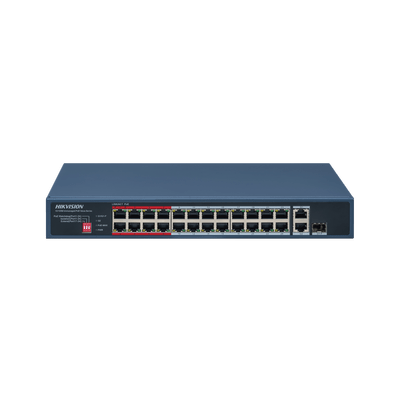 HIKVISIONDS-3E0326P-E/M(C)Switch PoE+ / No Administrable / 24 Puertos 10/100 Mbps PoE+ / 2 Puertos 1000 Mbps Uplink / 1 Puerto SFP Uplink / Modo Extendido hasta 300 Metros / 230 W - SILYMX