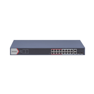 HIKVISIONDS-3E1318P-EI(B)Switch PoE+ / Monitoreable / 16 puertos 10/100 Mbps PoE+ / 2 Puertos 1000 Mbps Uplink / 2 Puertos SFP de Uplink / Configuración Nube Hik - Partner Pro / Modo Extendido hasta 300 metros / 230 W - SILYMX