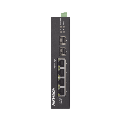 HIKVISIONDS-3T0506HP-E/HSSwitch Industrial No Administrable Gigabit / 3 Puertos Gigabit PoE+ (30 W) + 1 Puerto Gigabit PoE++ (60 W) / 2 Puertos SFP / 65 W Total / 48 a 57 VCD / Ideal para Proyectos / 300 Metros de Distancia - SILYMX