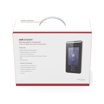HIKVISIONDS-KAS541Kit de Control de Acceso TODO INCLUIDO con Lector de Rostros, QRs , Tarjetas y Huellas / 3,000 Rostros / Compatible con App Hik - Connect / Videoportero / Incluye Electroimán Botón de Salida y Montajes Z y L para imán / HIK - IA - SILYMX