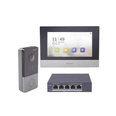 HIKVISIONDS-KIS603-P/SKit de Videoportero IP + Switch Poe Poe Estandar con llamada a App de Smartphone (HikConnect) / Apertura con tarjeta MIFARE / Frente de calle IP65 / Soporta 1 Departamento - SILYMX
