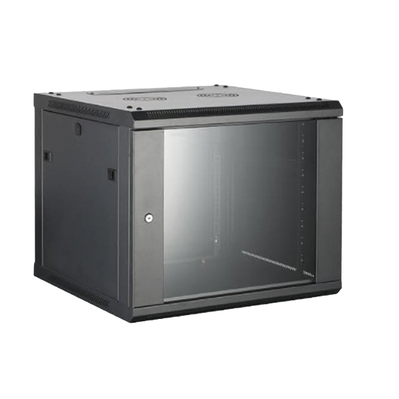 Gabinete para Montaje en Pared y Piso con Puerta de Cristal Templado Cuerpo Fijo 9 Unidades de Rack 19" Fabricado en Acero HIKVISION DS-XS6409-S/B - SILYMX