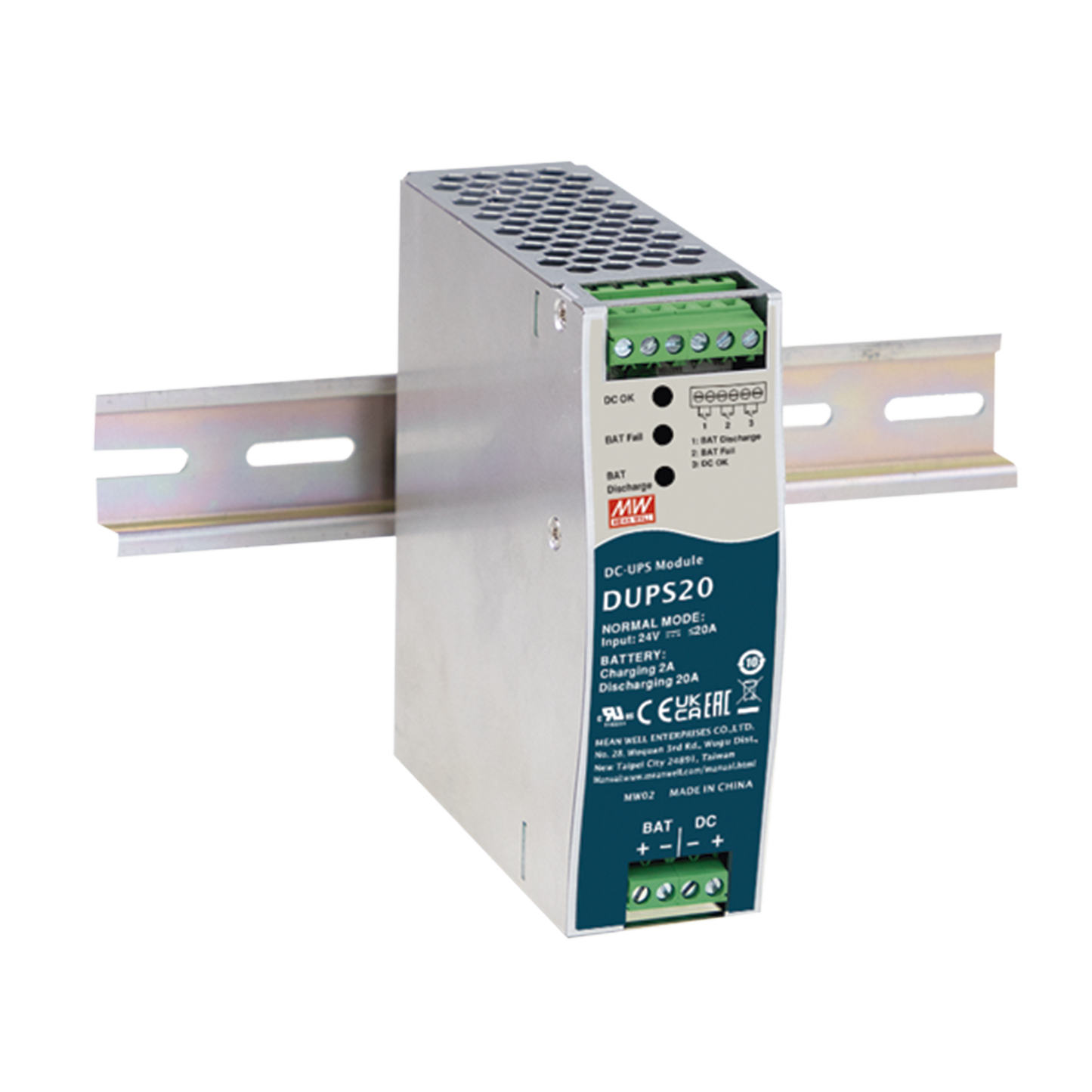 UPS PARA CD 24VCD 20A RIEL DIN PARA BATERÍAS DE 4 A 135 AH MEANWELL DUPS20 - SILYMX