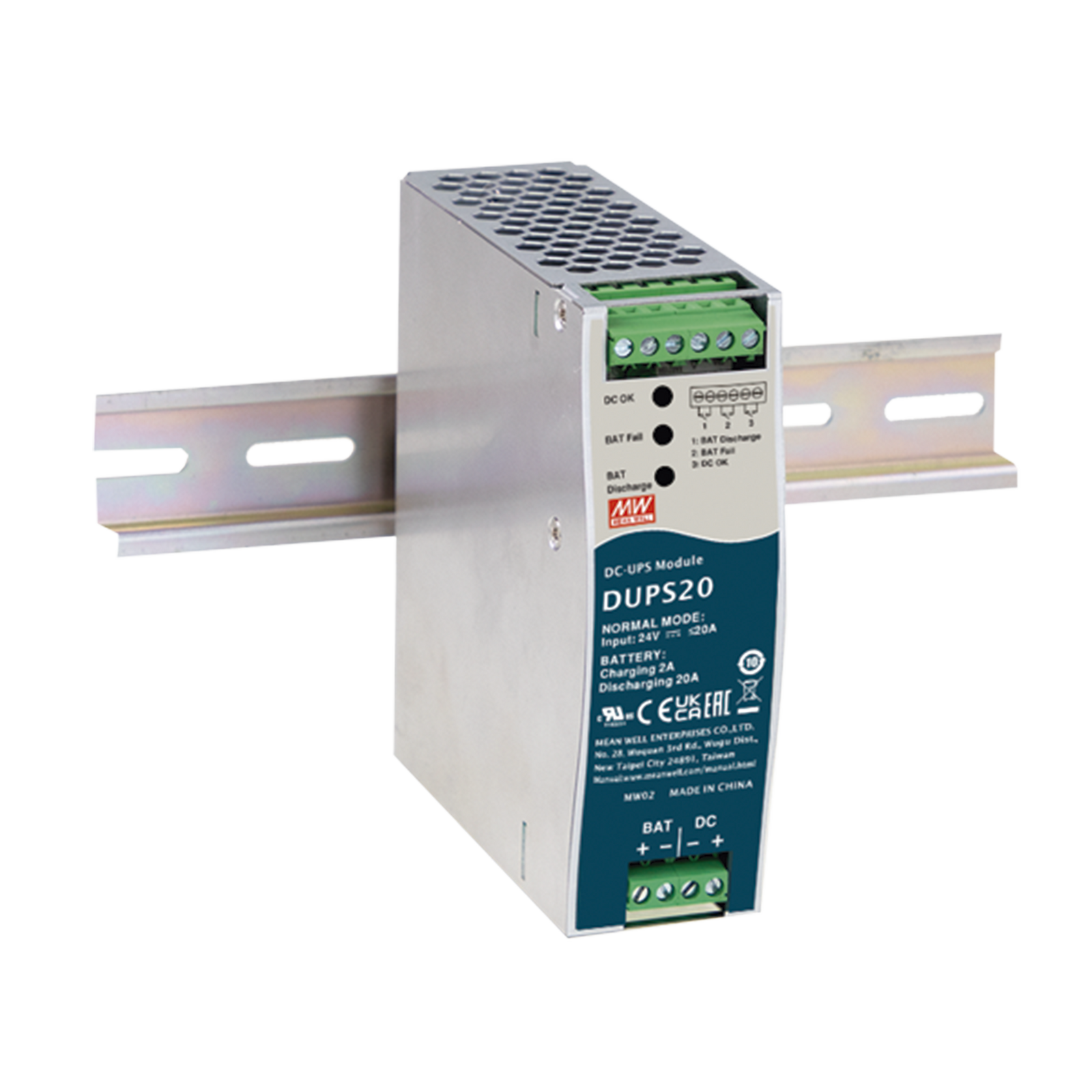 UPS PARA CD 24VCD 20A RIEL DIN PARA BATERÍAS DE 4 A 135 AH MEANWELL DUPS20 - SILYMX