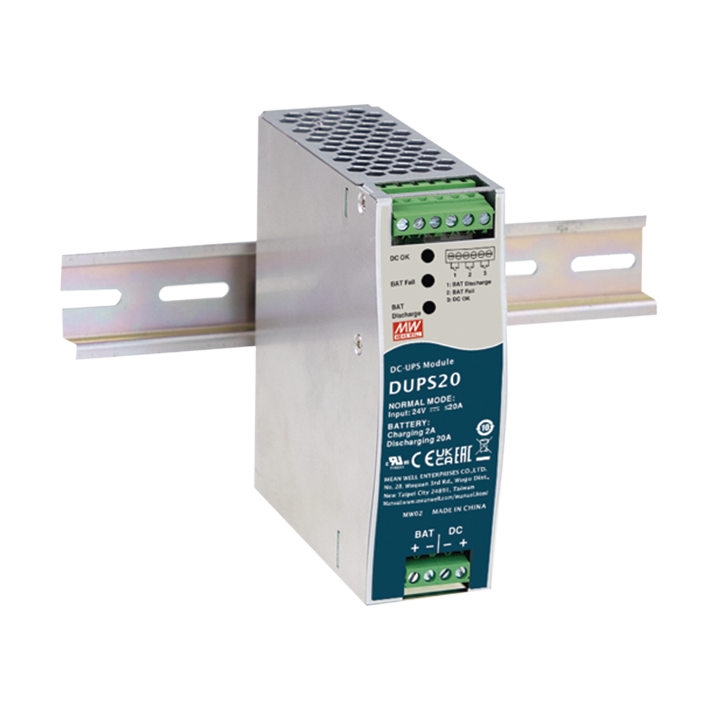 UPS PARA CD 24VCD 20A RIEL DIN PARA BATERÍAS DE 4 A 135 AH MEANWELL DUPS20 - SILYMX