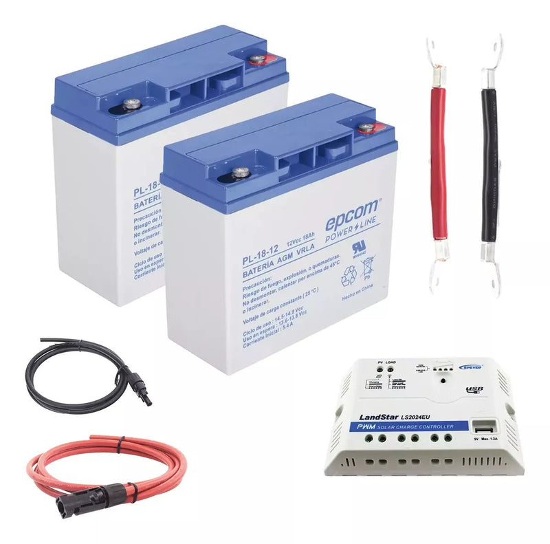 Kit 2 Baterias 18ah Controlador Solar de Carga 20a Usb Y Cables KIT-18AHX2-10A - SILYMX