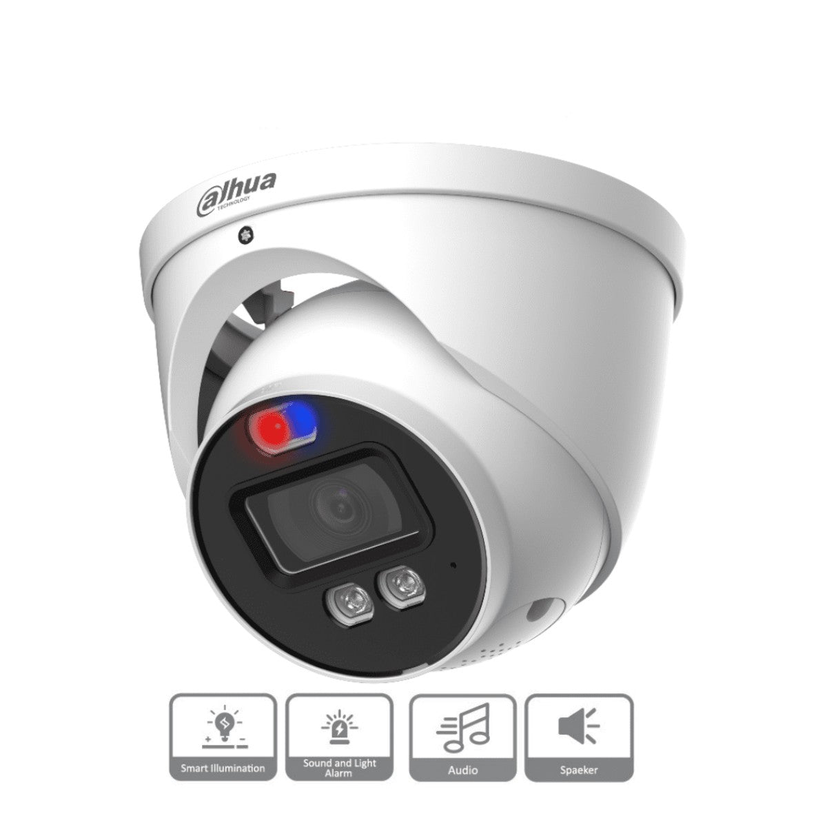 Cámara Domo TiOC de 2 Megapixeles Disuasion Activa Luz Roja y Azul Lente de 3.6 mm Super Adapt Microfono y Altavoz Integrados 40 Metros de Iluminación IR y Cálida Metalica IP67 DH-HAC-ME1239HN-A-PV - SILYMX