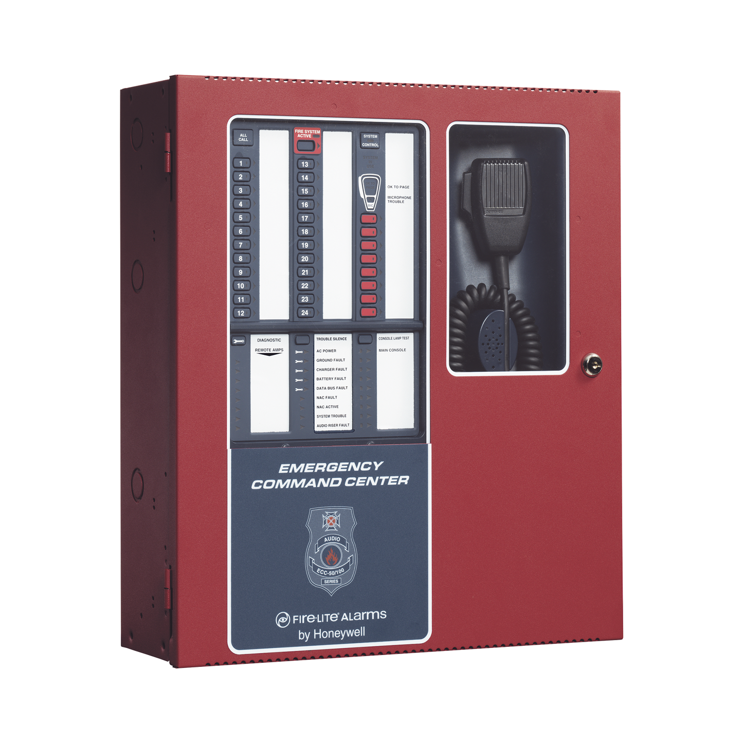 Centro de comando de emergencia para voceo y evacuación por voz, 50 W ampliable a 100 W, 8 circuitos de entrada