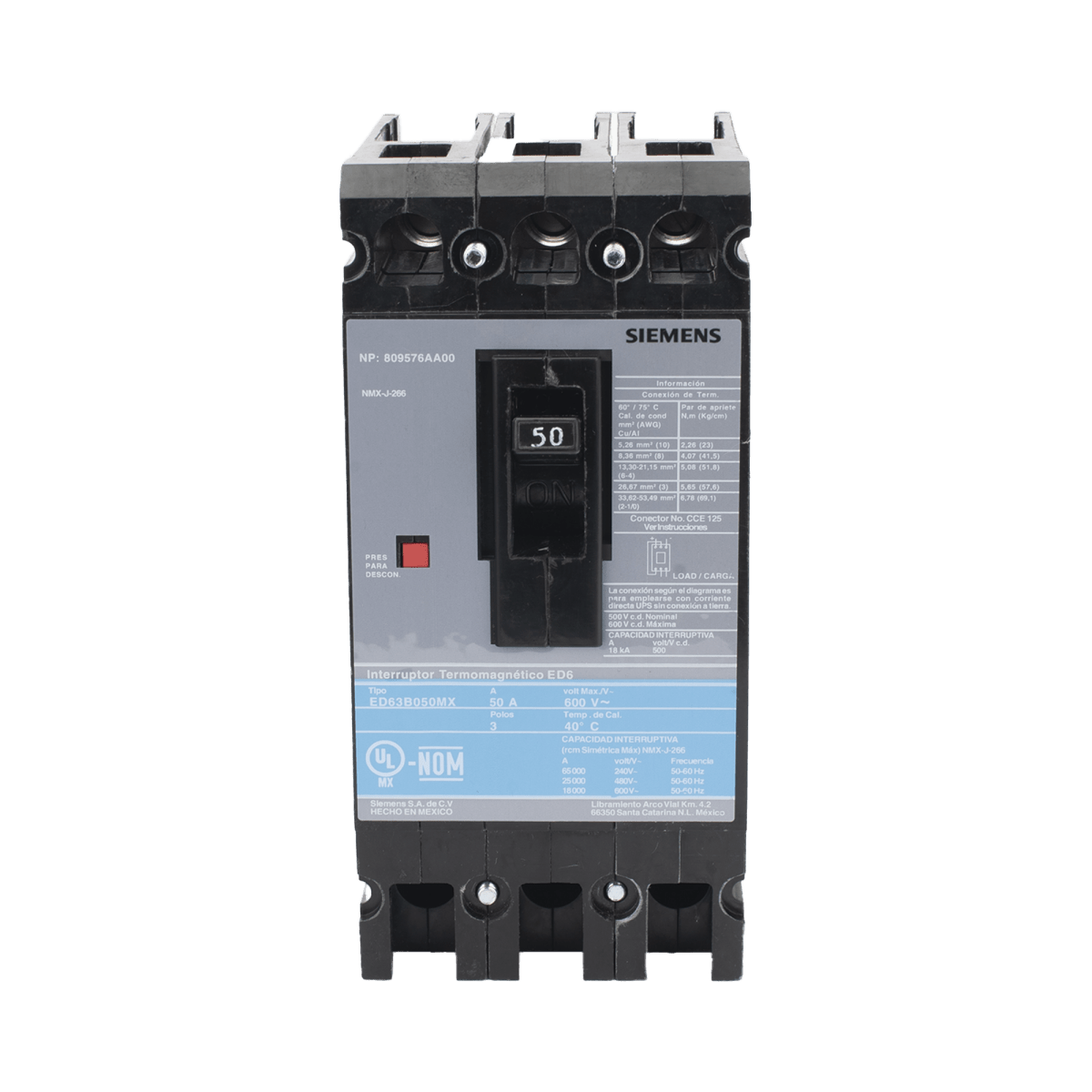 Centros de Carga e InterruptoresSIEMENSED63B050MXInterruptor Termomagnético ITM ED6 600V 3X50A Sin zapatas principales - SILYMX