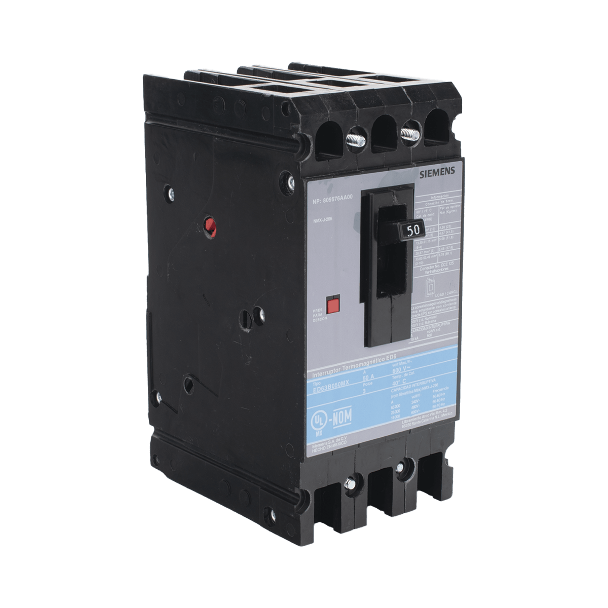 Centros de Carga e InterruptoresSIEMENSED63B050MXInterruptor Termomagnético ITM ED6 600V 3X50A Sin zapatas principales - SILYMX