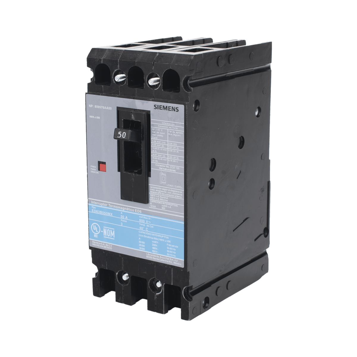 Centros de Carga e InterruptoresSIEMENSED63B050MXInterruptor Termomagnético ITM ED6 600V 3X50A Sin zapatas principales - SILYMX