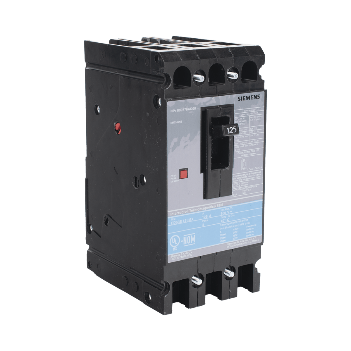 Centros de Carga e InterruptoresSIEMENSED63B125MXInterruptor Termomagnético ITM ED6 600V 3X125A Sin zapatas principales. - SILYMX