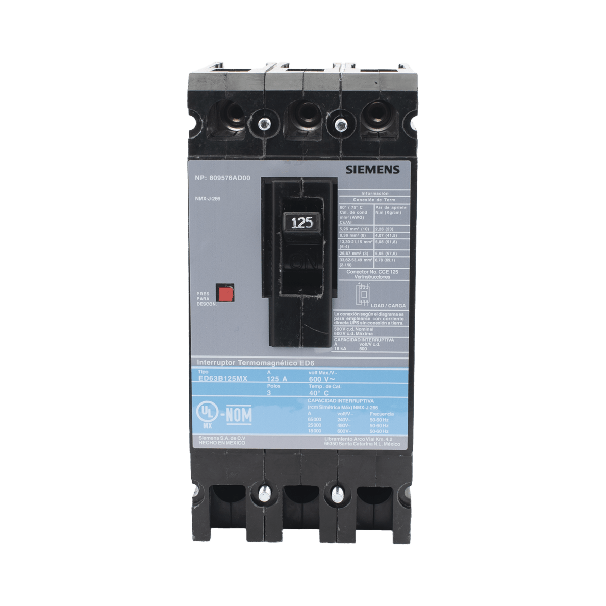 Centros de Carga e InterruptoresSIEMENSED63B125MXInterruptor Termomagnético ITM ED6 600V 3X125A Sin zapatas principales. - SILYMX