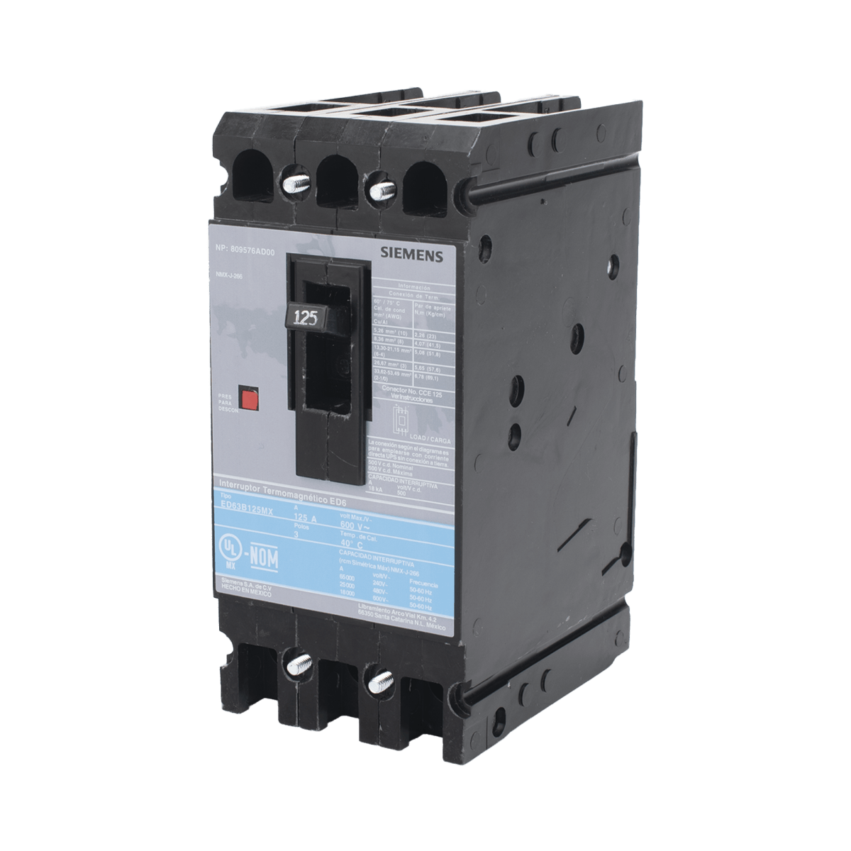 Centros de Carga e InterruptoresSIEMENSED63B125MXInterruptor Termomagnético ITM ED6 600V 3X125A Sin zapatas principales. - SILYMX