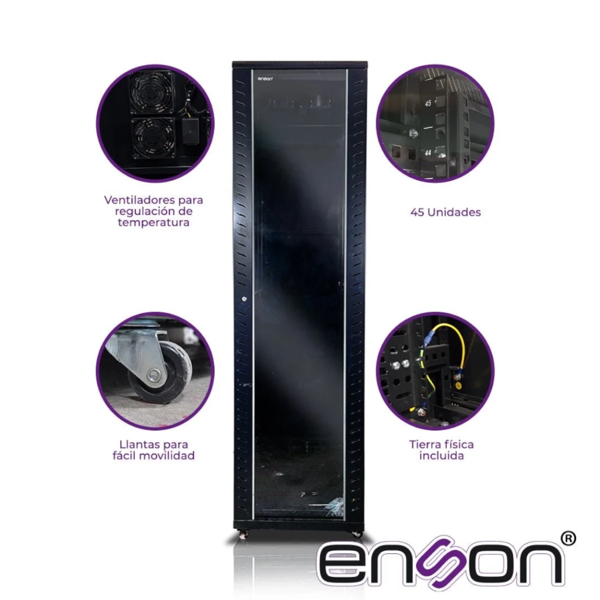 Racks CerradosENSONENS-RKGB45U4Gabinete Piso 45UR Cristal Cerradura 800kg Ventiladores 19in ENSON ENS - RKGB45U4 - SILYMX