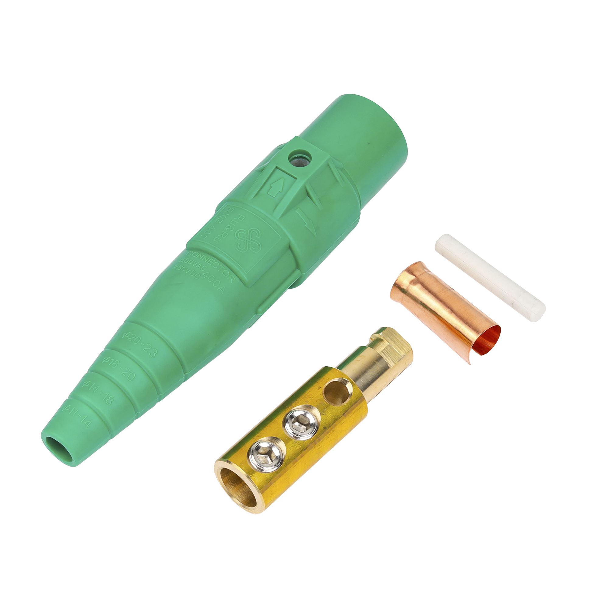 Conector Camlock Macho / 400 Amperes / AC 600V / Sección Cable 50-95 mm² / Abrazadera Compresión / Plástico Ingeniería / Varios Colores