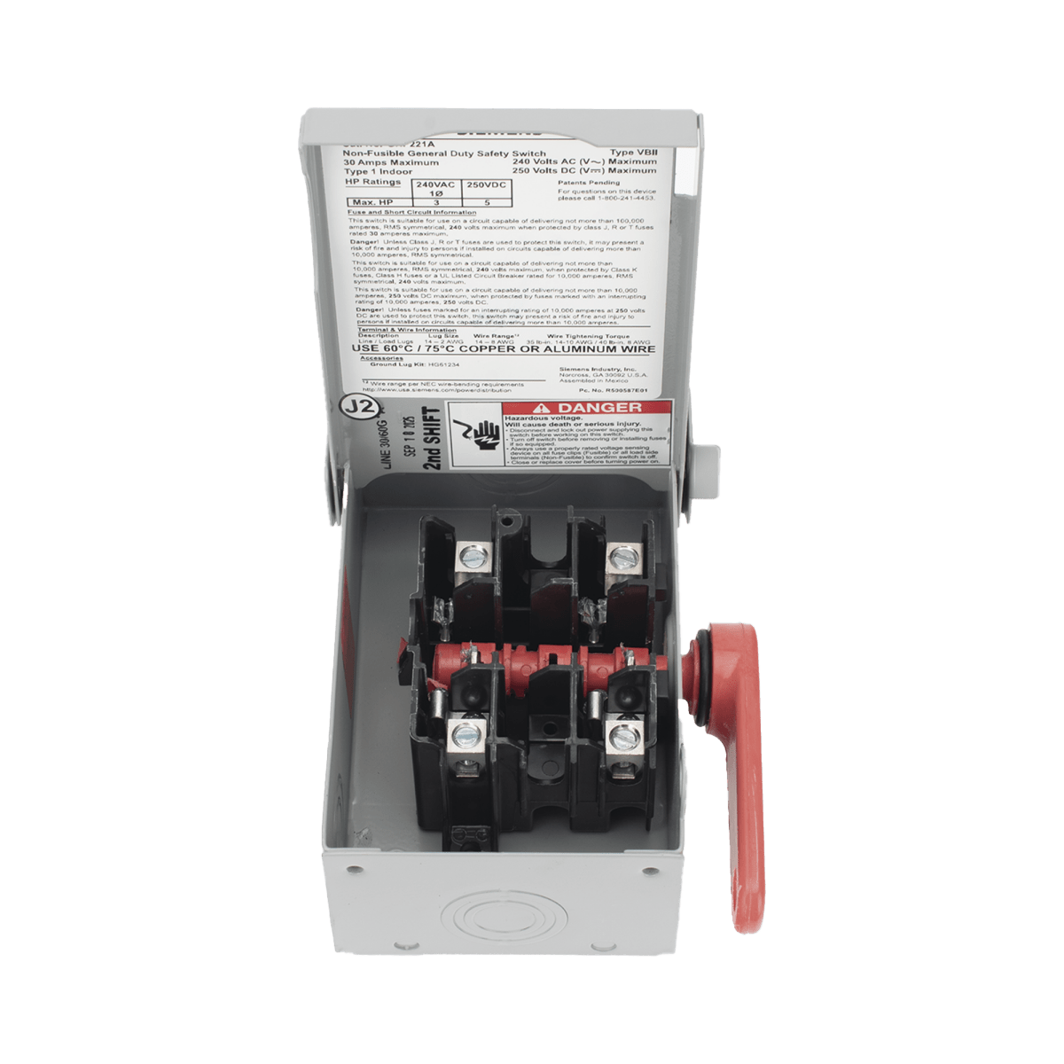 Centros de Carga e InterruptoresSIEMENSGNF221AInterruptor de seguridad cerrado de doble ruptura. Interruptor de serie A 2 polos 2 hilos sin fusible uso general. - SILYMX