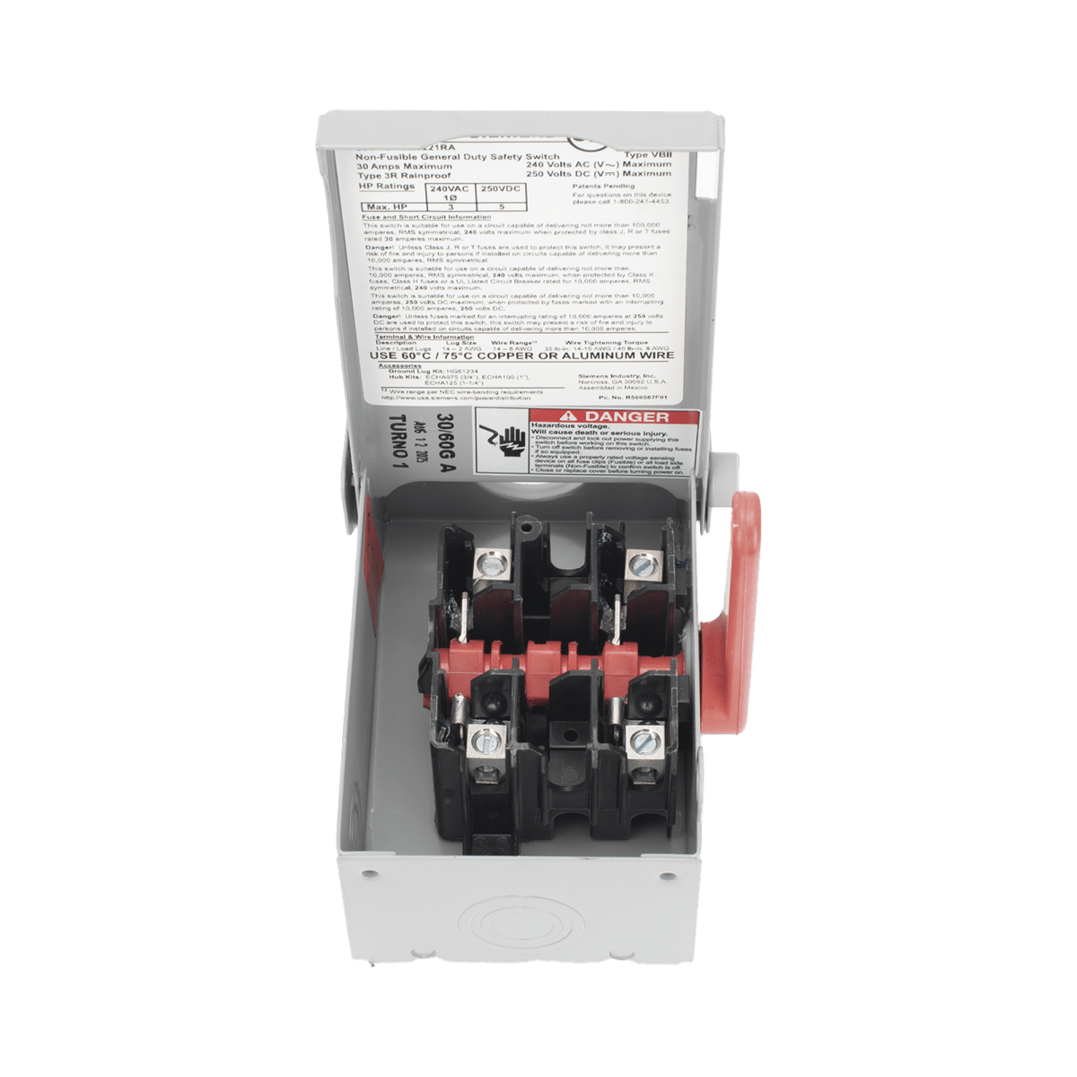 Centros de Carga e InterruptoresSIEMENSGNF221RAInterruptor de seguridad cerrado de doble ruptura. Interruptor de serie A 2 polos 2 hilos sin fusible uso general. Nema 3R - SILYMX