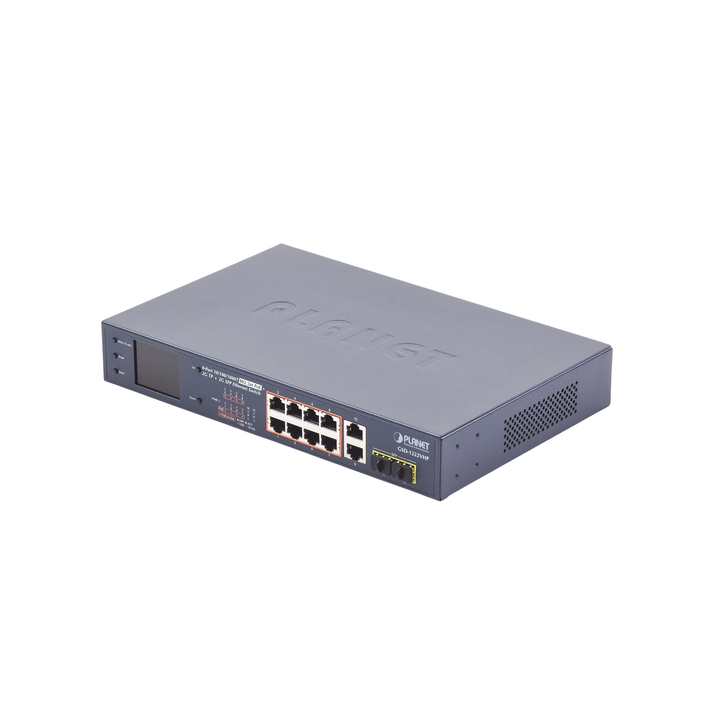 Switch No Administrable 8 Puertos Gigabit con Modo Extend PoE a 250 mts 2 puertos Uplink 10/100/1000 Mbps 2 Puertos SFP GSD-1222VHP - SILYMX