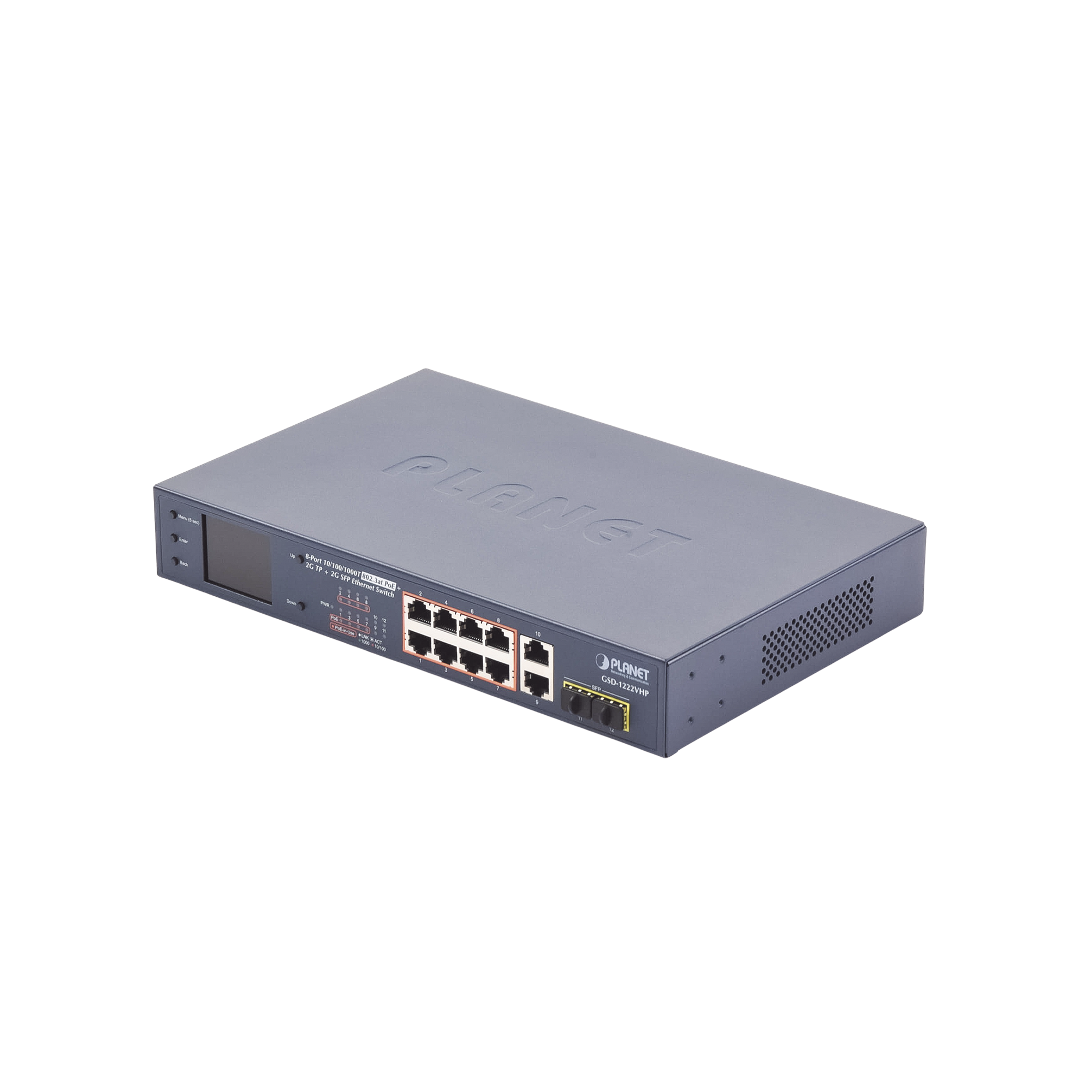 Switch No Administrable 8 Puertos Gigabit con Modo Extend PoE a 250 mts 2 puertos Uplink 10/100/1000 Mbps 2 Puertos SFP GSD-1222VHP - SILYMX