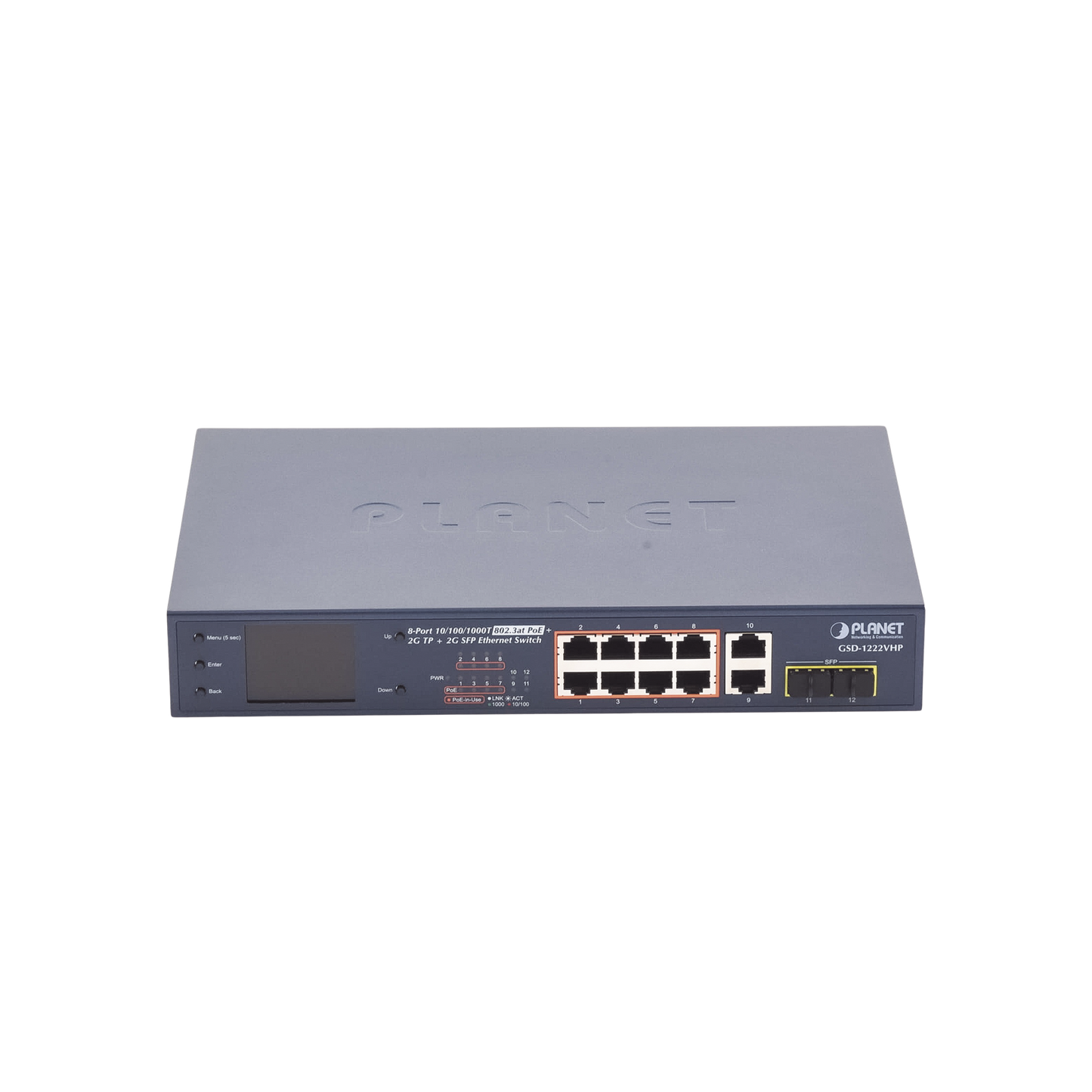 Switch No Administrable 8 Puertos Gigabit con Modo Extend PoE a 250 mts 2 puertos Uplink 10/100/1000 Mbps 2 Puertos SFP GSD-1222VHP - SILYMX