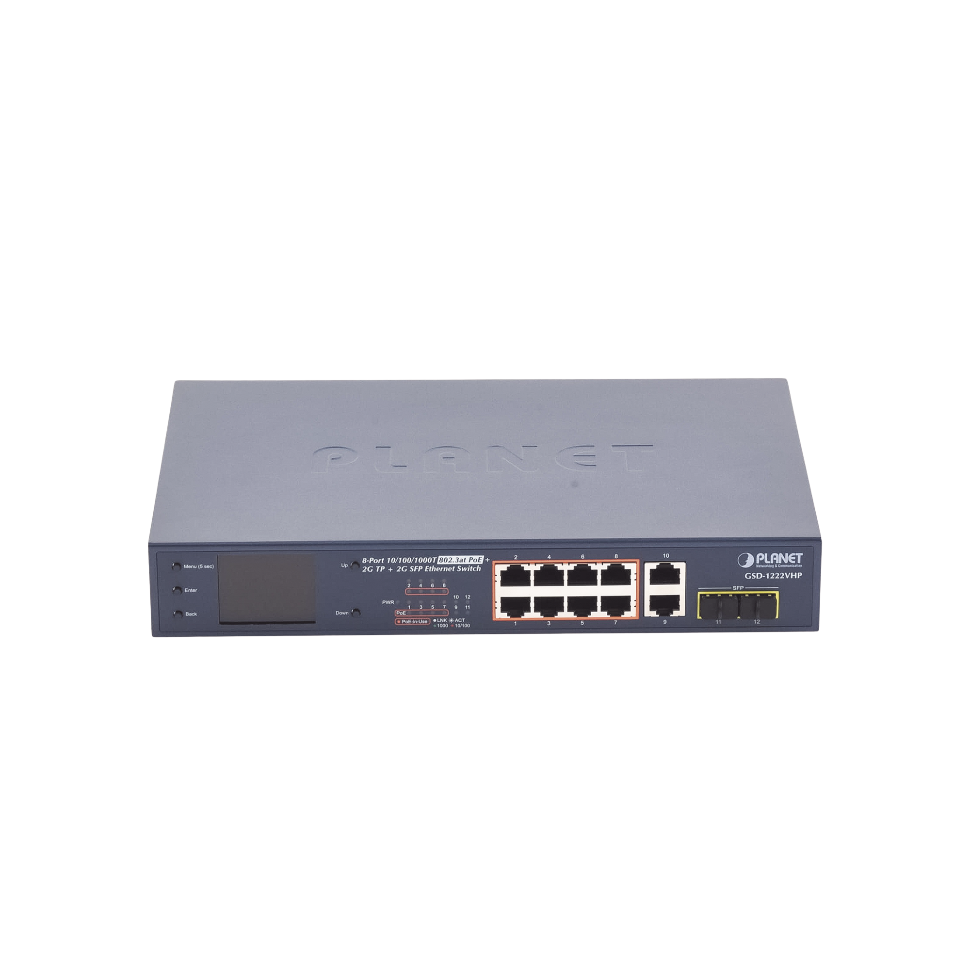 Switch No Administrable 8 Puertos Gigabit con Modo Extend PoE a 250 mts 2 puertos Uplink 10/100/1000 Mbps 2 Puertos SFP GSD-1222VHP - SILYMX