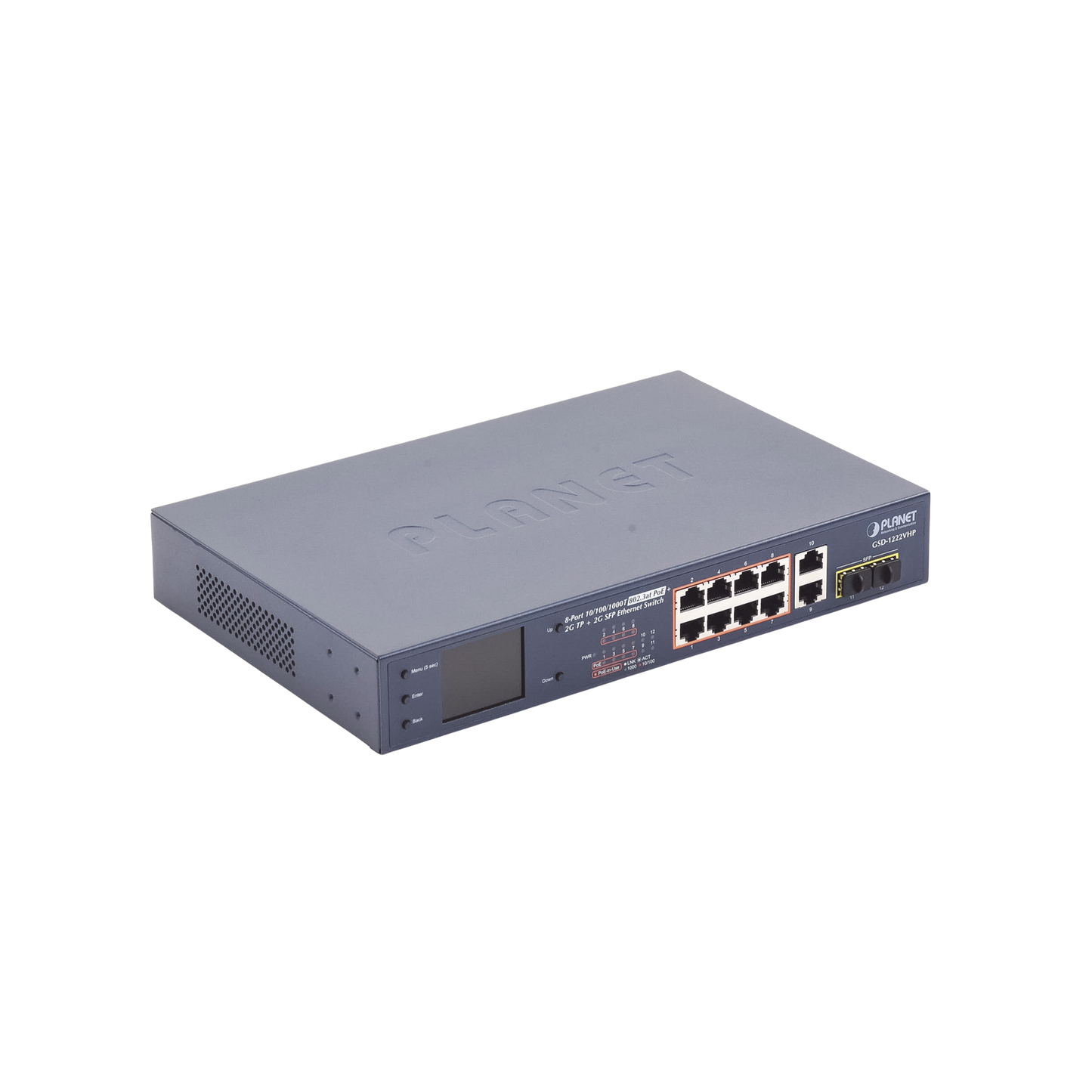 Switch No Administrable 8 Puertos Gigabit con Modo Extend PoE a 250 mts 2 puertos Uplink 10/100/1000 Mbps 2 Puertos SFP GSD-1222VHP - SILYMX