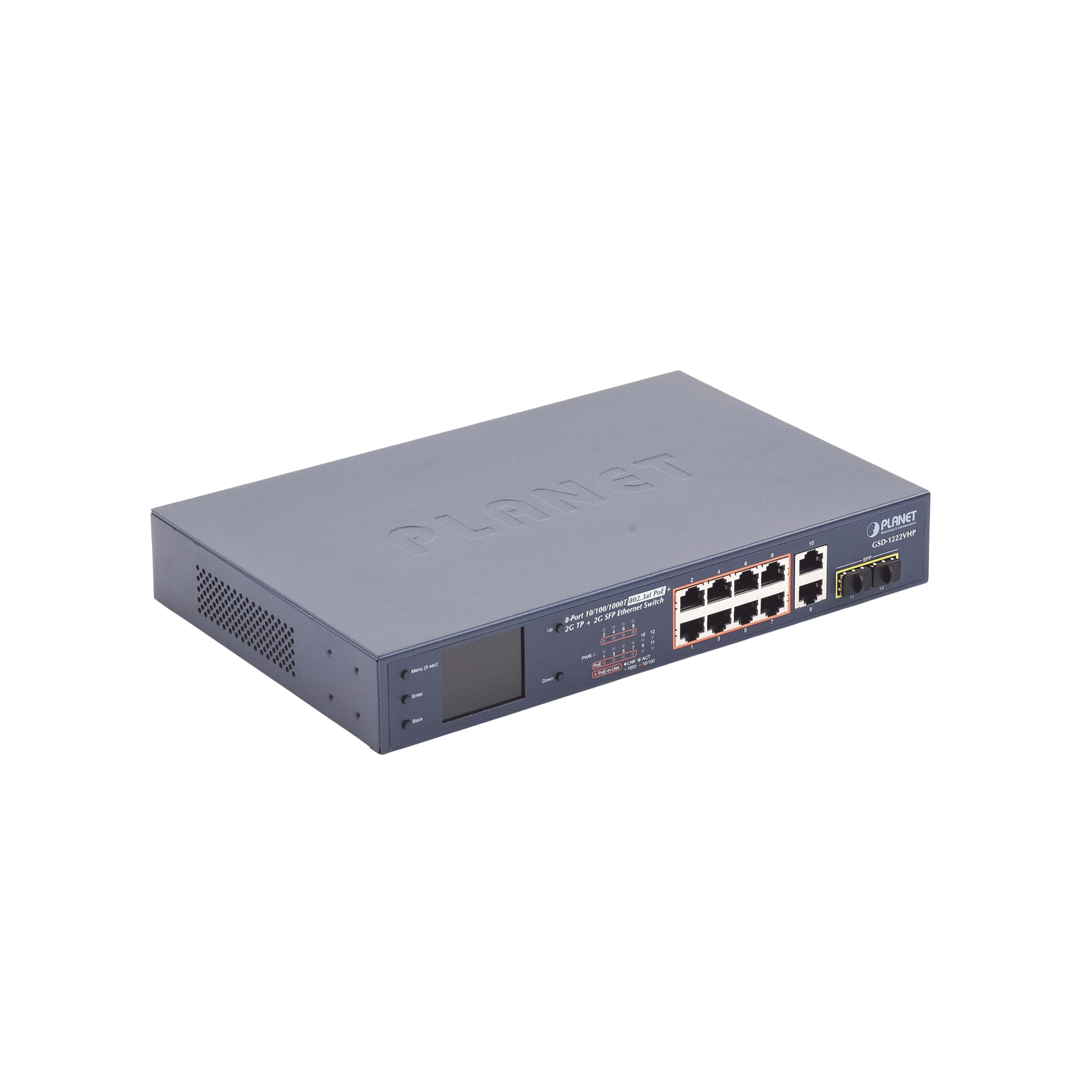 Switch No Administrable 8 Puertos Gigabit con Modo Extend PoE a 250 mts 2 puertos Uplink 10/100/1000 Mbps 2 Puertos SFP GSD-1222VHP - SILYMX