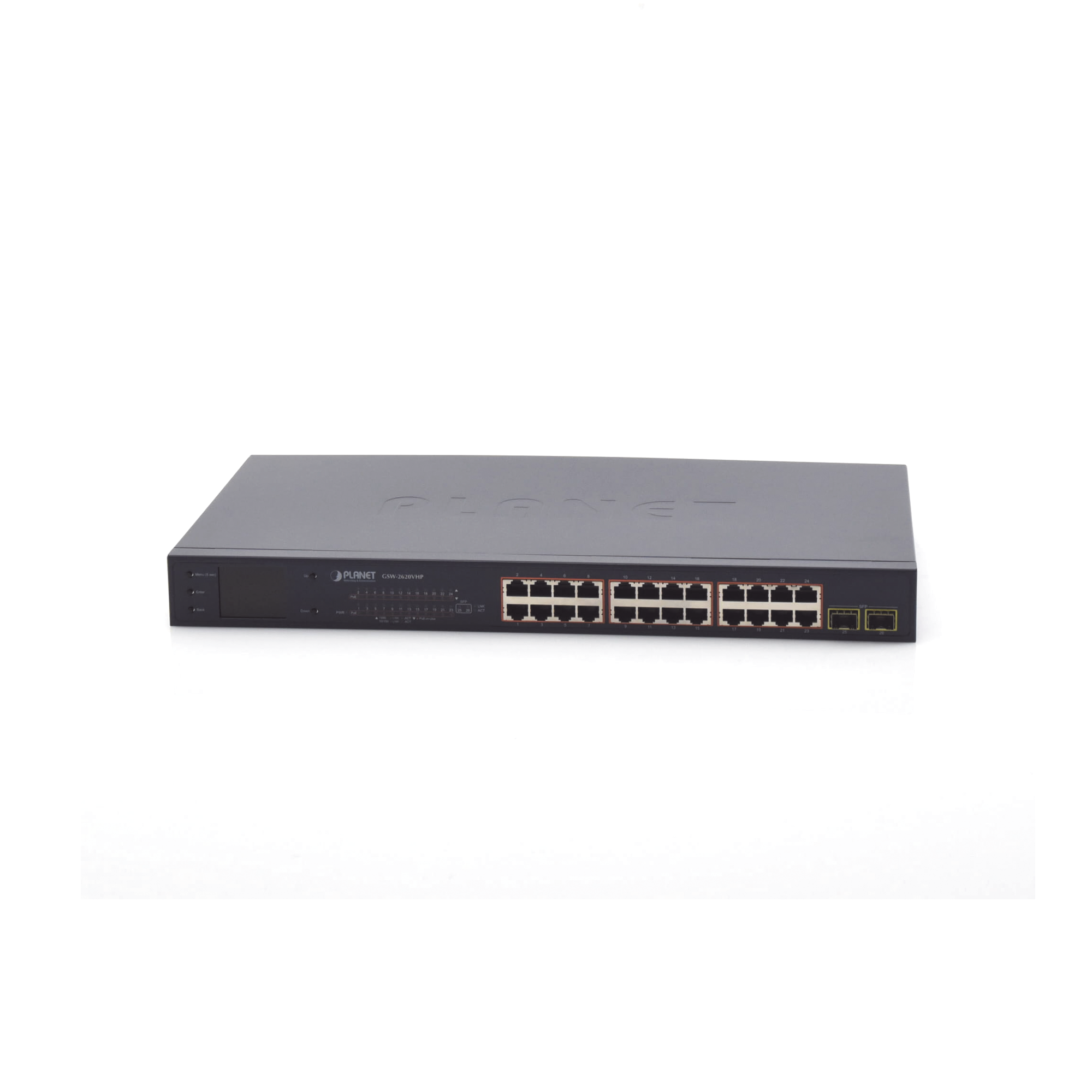 Switch PoE de 24 Puertos Gigabit 802.3af/at con Modo Extendido 250 m 2 Puertos SFP 1000SX Pantalla LCD para Configuración Básica Hasta 300 W para PoE GSW-2620VHP - SILYMX