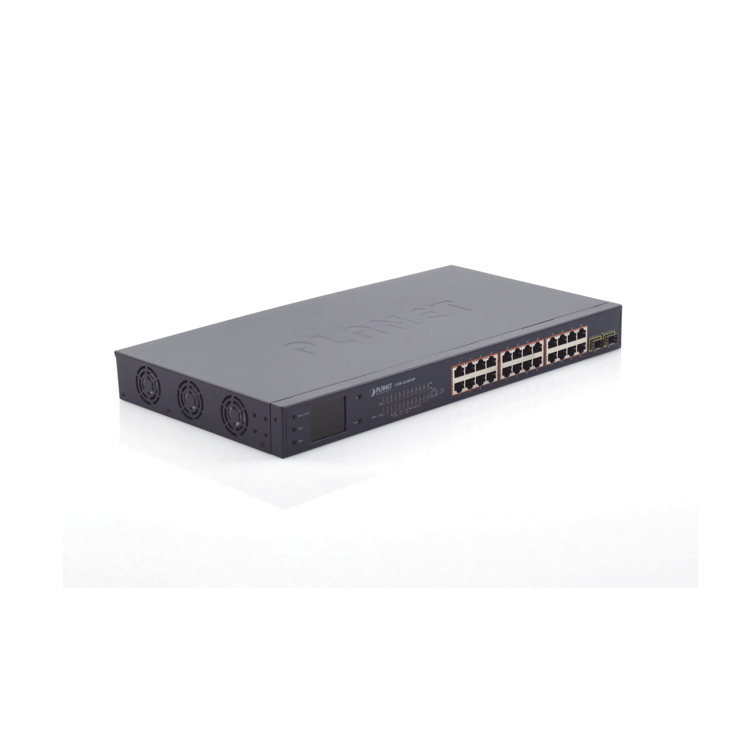 Switch PoE de 24 Puertos Gigabit 802.3af/at con Modo Extendido 250 m 2 Puertos SFP 1000SX Pantalla LCD para Configuración Básica Hasta 300 W para PoE GSW-2620VHP - SILYMX