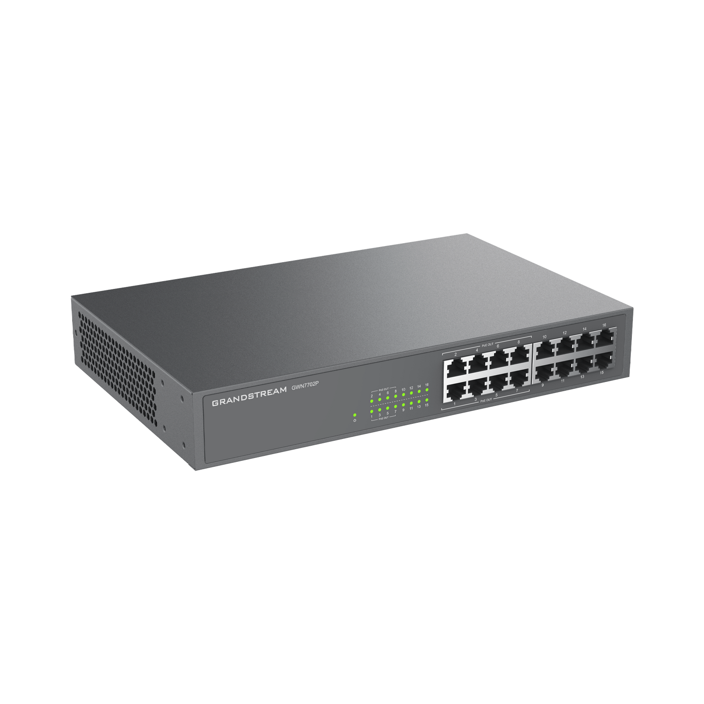 Switch PoE No Administrable 16 Puertos Gigabit Ethernet 8 PoE 802.3 af at 138W Plug Play Red - GRANDSTREAM GWN7702P - SILYMX