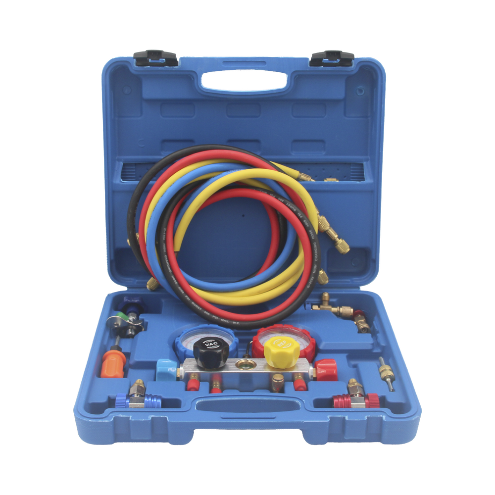 Juego de manómetros para aire acondicionadoherramienta de carga de refrigerante doble válvula adaptadores acoplamiento rápido manguera de 1.5 metros - SILYMX