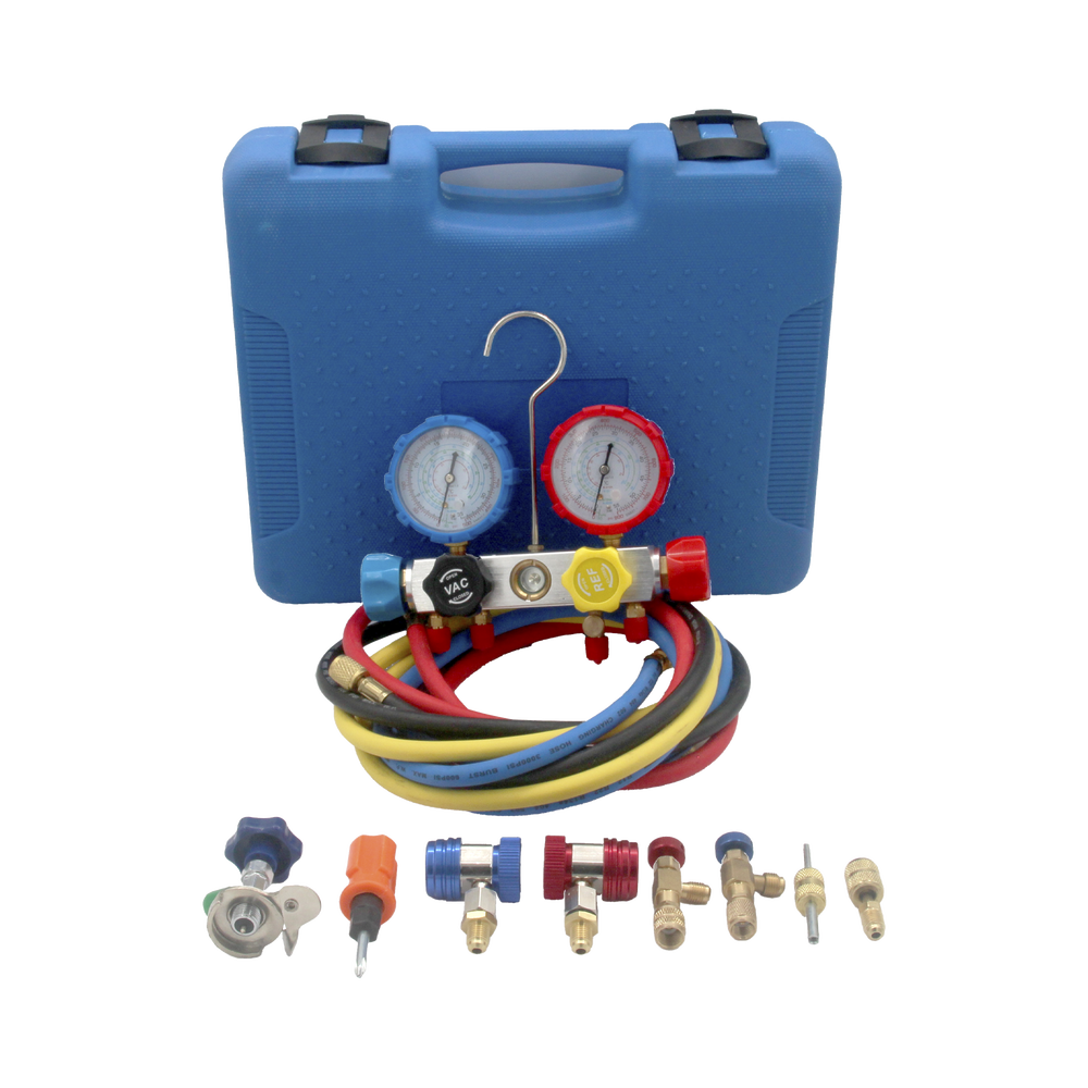 Juego de manómetros para aire acondicionadoherramienta de carga de refrigerante doble válvula adaptadores acoplamiento rápido manguera de 1.5 metros - SILYMX