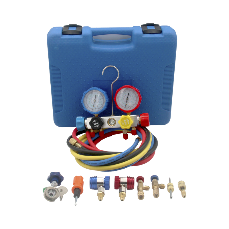 Juego de manómetros para aire acondicionadoherramienta de carga de refrigerante doble válvula adaptadores acoplamiento rápido manguera de 1.5 metros - SILYMX