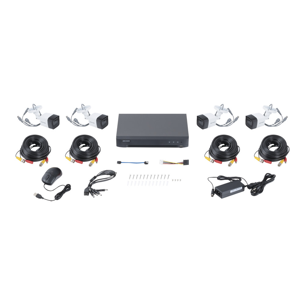 KIT TURBOHD 5 Megapixel DVR 4 Canales 4 Cámaras Bala con Micrófono Integrado (exterior 2.8 mm) Fuente de Poder Accesorios de Instalación - SILYMX