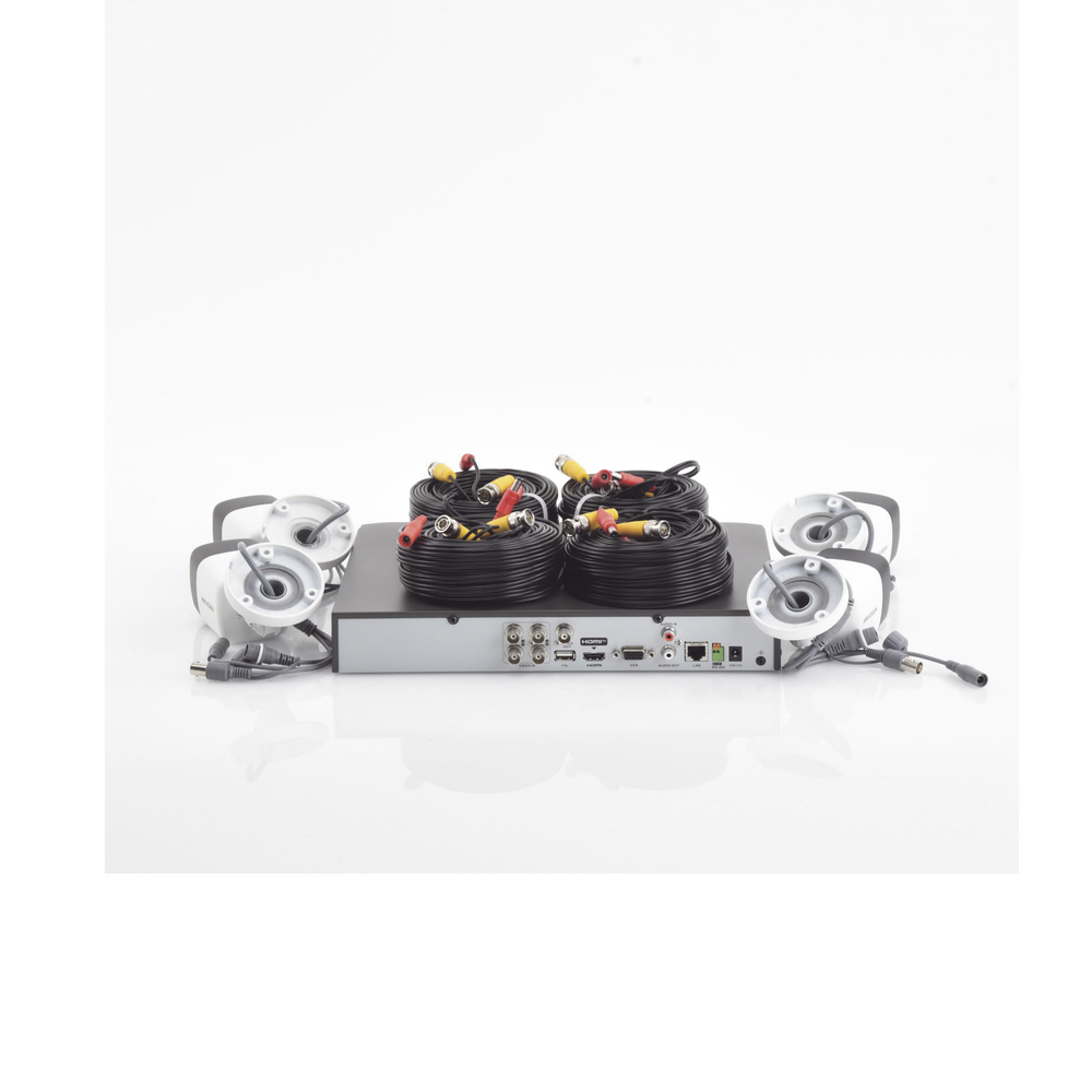KIT TURBOHD 5 Megapixel DVR 4 Canales 4 Cámaras Bala con Micrófono Integrado (exterior 2.8 mm) Fuente de Poder Accesorios de Instalación - SILYMX