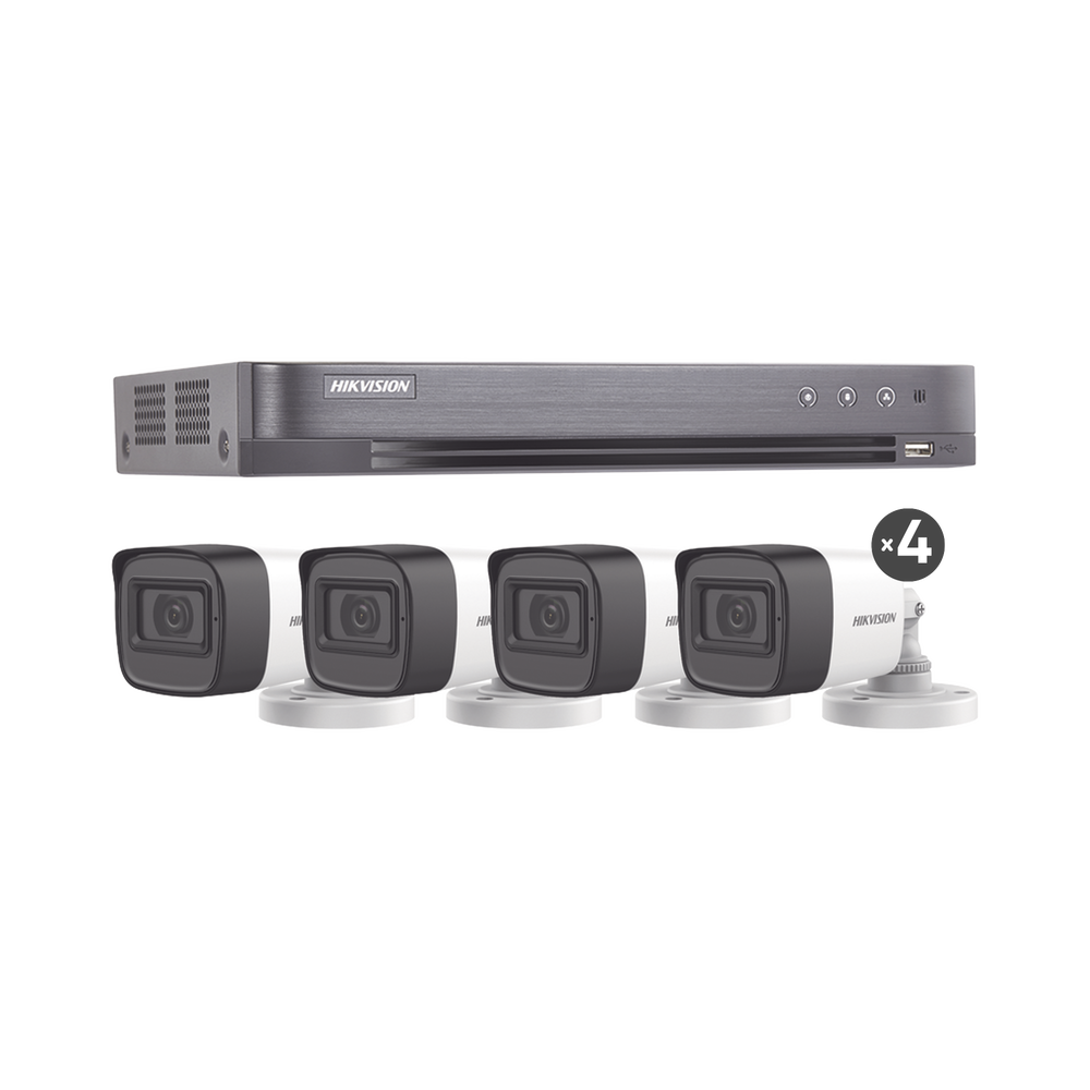 KIT TURBOHD 5 Megapixel DVR 4 Canales 4 Cámaras Bala con Micrófono Integrado (exterior 2.8 mm) Fuente de Poder Accesorios de Instalación - SILYMX