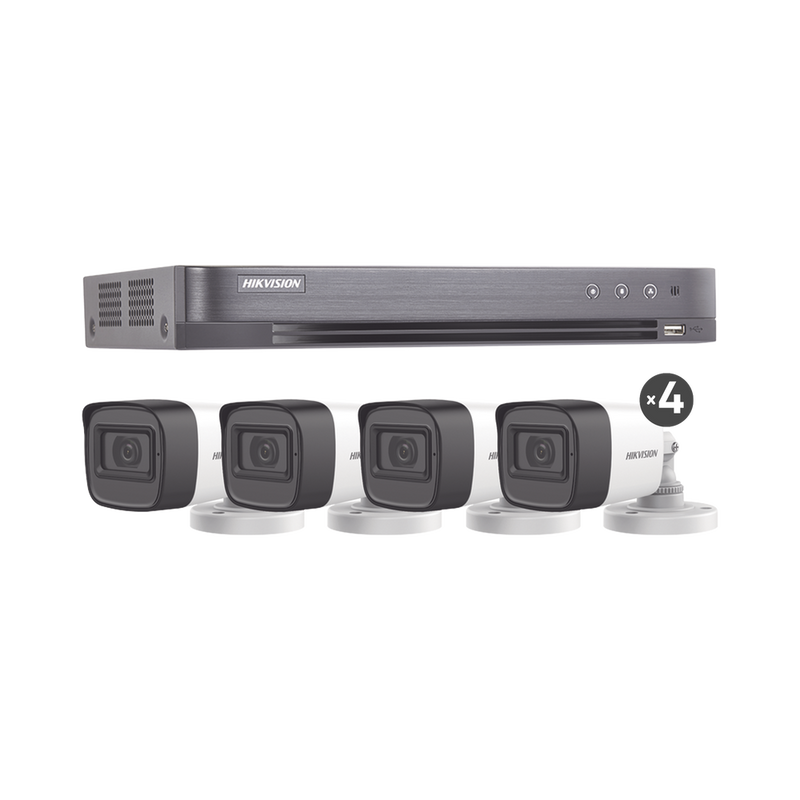 KIT TURBOHD 5 Megapixel DVR 4 Canales 4 Cámaras Bala con Micrófono Integrado (exterior 2.8 mm) Fuente de Poder Accesorios de Instalación - SILYMX